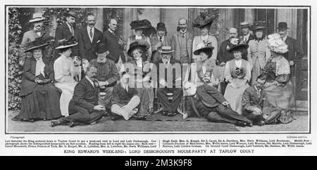 EDWARD VII At a weekend party at Taplow  Court owned by Lord  Desborough.  The King's  mistress, Alice Keppel is  standing behind him, right.     Date: 1908 Stock Photo