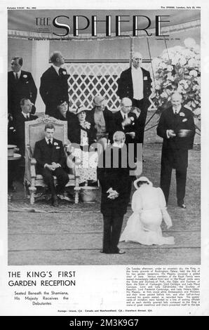 King Edward VIII receives the season's debutantes during a garden party at Buckingham Palace, sitting under a Shamiana. Shame it rained.      Date: 25 July 1936 Stock Photo