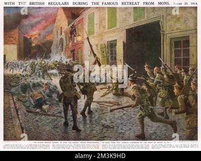 With the British regulars during the famous retreat from Mons in the opening weeks of World War I.  In the narrow streets of Landrecies, soldiers of the Grenadier, Coldstream and Irish Guards successfully repel a German attack.  25 August 1914 Stock Photo