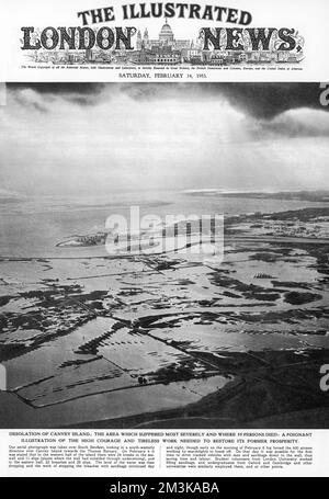 An aerial photograph taken  over South Benfleet, looking  in a south-westerly direction  over Canvey Island: the  desolation caused by floods.      Date: February 1953 Stock Photo