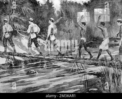 Scene depicting troops of the West Indian regiment crossing a palm tree bridge during the Mendi expedition in Sierra Leone in 1898.  1898 Stock Photo