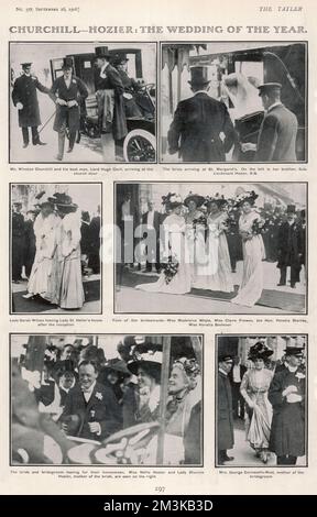 A page from The Tatler reporting on the wedding of Winston Churchill to Miss Clementine Hozier in 1908.     Date: 1908 Stock Photo