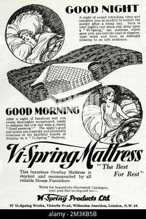 'Good night'.  A night of sound refreshing sleep and complete rest so needful to restore the energy after a tiring day.  Such is your night's rest when you sleep upon a 'Vi-spring', the mattress which soon puts you into the land os slumber, your mind and body so willingly relaxing to its soft resilience.     Date: 1931 Stock Photo