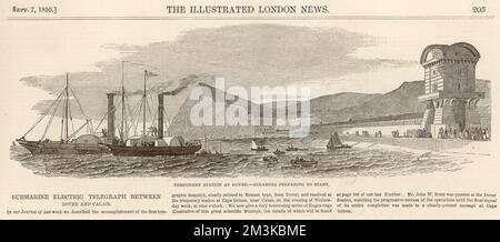 The first submarine electric telegraphic despatch from Dover to Cape Grinez, near Calais. After arriving in France however, the cable failed and it was discovered that a French fisherman had hauled up the wire with his catch, and cut it!     Date: 1850 Stock Photo