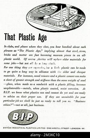 'That plastc age'.  In clubs, and places where they chat, you hear bandied about such phrases as 'The plastc age', implying almost that steel, stone, bricks and mortar are fast becoming museum pieces in an all - plastic world.  Of course plastics will replace older materials for some jobs - but not all by a long chalk. Stock Photo