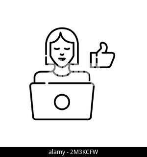 Happy customer at laptop giving thumbs-up feedback. Pixel perfect, editable stroke icon Stock Vector