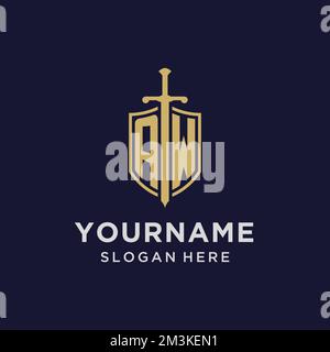 AW logo initial monogram with shield and sword design ideas Stock Vector