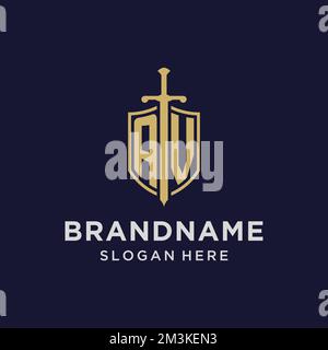 AV logo initial monogram with shield and sword design ideas Stock Vector