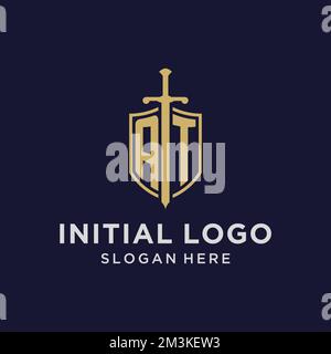 AT logo initial monogram with shield and sword design ideas Stock Vector