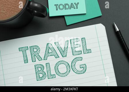 Sign displaying Travel Blog. Business overview Sharing thoughts and experiences of the places around the world Stock Photo