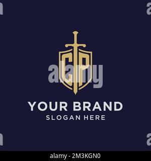CP logo initial monogram with shield and sword design ideas Stock Vector