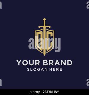 DC logo initial monogram with shield and sword design ideas Stock Vector