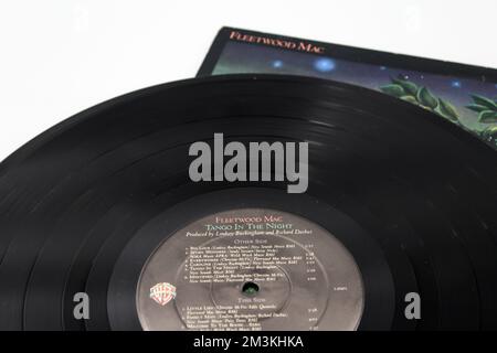 Rock and soft rock band, Fleetwood Mac music album on vinyl record LP disc. Titled: Tango in the Night album cover on vinyl record LP Stock Photo