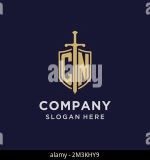 CN logo initial monogram with shield and sword design ideas Stock Vector