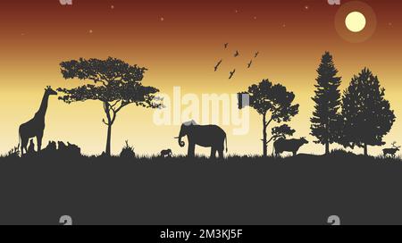 Amazing wild life with some animals in afternoon image graphic icon logo design abstract concept vector stock. related to background or template Stock Vector