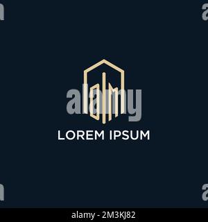 DM initial monogram logo with hexagonal shape style, real estate logo design ideas inspiration vector Stock Vector