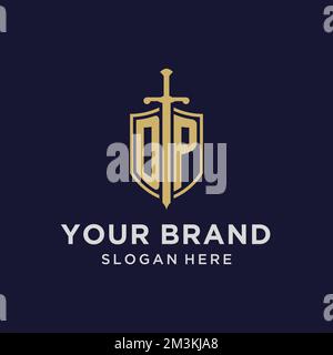 DP logo initial monogram with shield and sword design ideas Stock Vector