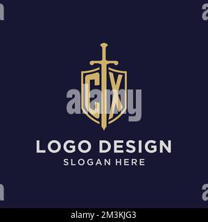 CX logo initial monogram with shield and sword design ideas Stock Vector