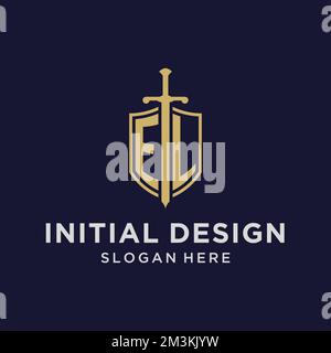 EL logo initial monogram with shield and sword design ideas Stock Vector