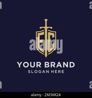 EC logo initial monogram with shield and sword design ideas Stock Vector