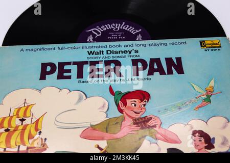 Peter Pan is a 1953 American animated adventure fantasy film produced by Walt Disney Productions on vinyl record lp disc. Stock Photo