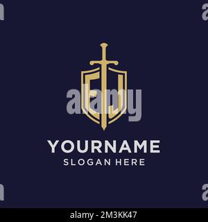 EJ logo initial monogram with shield and sword design ideas Stock Vector