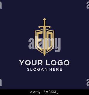EO logo initial monogram with shield and sword design ideas Stock Vector
