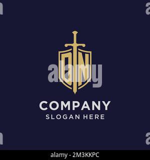 DN logo initial monogram with shield and sword design ideas Stock Vector