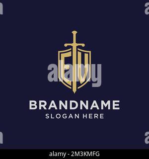 EV logo initial monogram with shield and sword design ideas Stock Vector