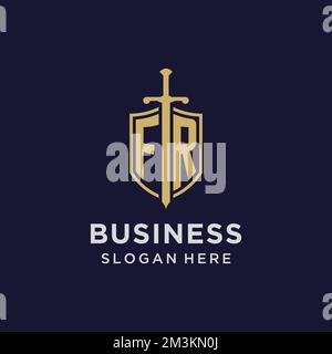 FR logo initial monogram with shield and sword design ideas Stock Vector