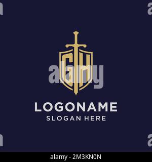 GH logo initial monogram with shield and sword design ideas Stock Vector