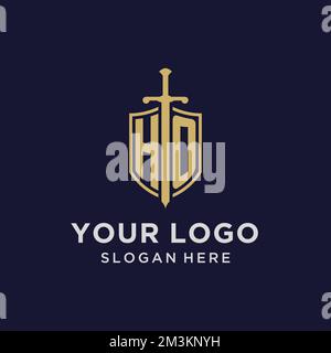 HO logo initial monogram with shield and sword design ideas Stock Vector