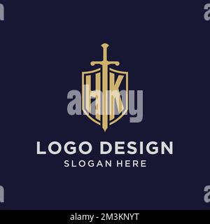 HK logo initial monogram with shield and sword design ideas Stock Vector