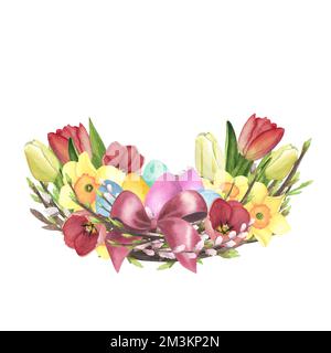 Willow nest watercolor with spring twigs, colored eggs, Tulips, daffodil, red bow isolated on white background. Hand drawing Easter illustration desig Stock Photo