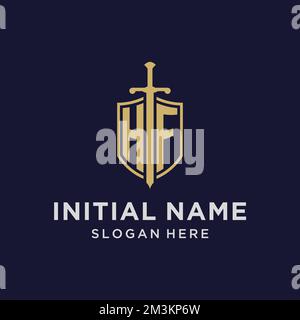 HF initial monogram logos with sword and shield shape design ideas ...