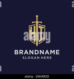 HI logo initial monogram with shield and sword design ideas Stock Vector