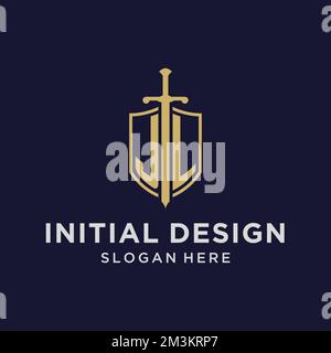 JL logo initial monogram with shield and sword design ideas Stock Vector