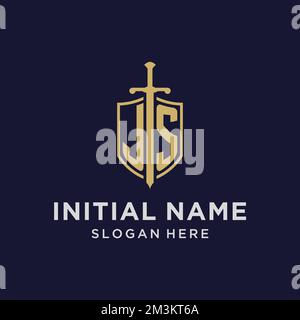 JS logo initial monogram with shield and sword design ideas Stock Vector