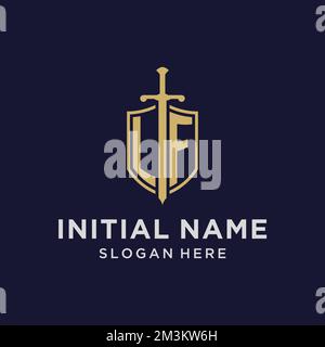 LF logo initial monogram with shield and sword design ideas Stock Vector