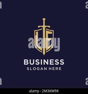 LE logo initial monogram with shield and sword design ideas Stock Vector