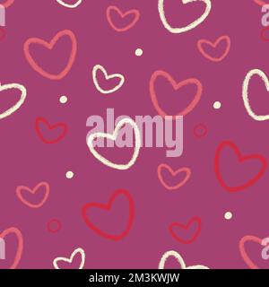 Heart shape seamless pattern. White and pink brush stroke hearts and dots Raster doodle background illustration for digital and print materials. Stock Photo