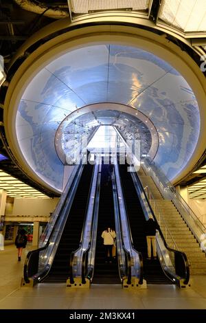 The escalators at the new entrance of 7th Avenue to Penn Station at the East End Gateway and Long Island Rail Road Concourse connect to the Moynihan Train Hall. New York City.USA Stock Photo