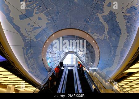 The escalators at the new entrance of 7th Avenue to Penn Station at the East End Gateway and Long Island Rail Road Concourse connect to the Moynihan Train Hall. New York City.USA Stock Photo