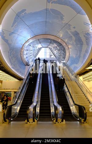 The escalators at the new entrance of 7th Avenue to Penn Station at the East End Gateway and Long Island Rail Road Concourse connect to the Moynihan Train Hall. New York City.USA Stock Photo