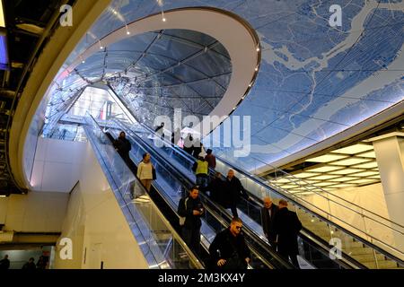 The escalators at the new entrance of 7th Avenue to Penn Station at the East End Gateway and Long Island Rail Road Concourse connect to the Moynihan Train Hall. New York City.USA Stock Photo