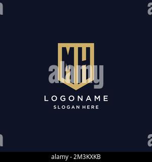 MH monogram initials logo design with shield icon template Stock Vector