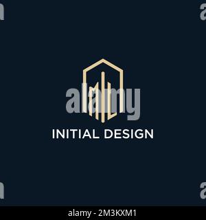 ML initial monogram logo with hexagonal shape style, real estate logo design ideas inspiration vector Stock Vector
