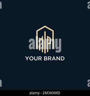 MP initial monogram logo with hexagonal shape style, real estate logo design ideas inspiration vector Stock Vector