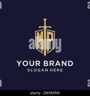 MP logo initial monogram with shield and sword design ideas Stock Vector