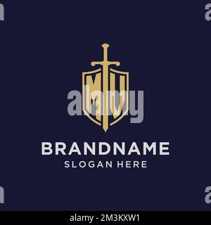 MV logo initial monogram with shield and sword design ideas Stock Vector